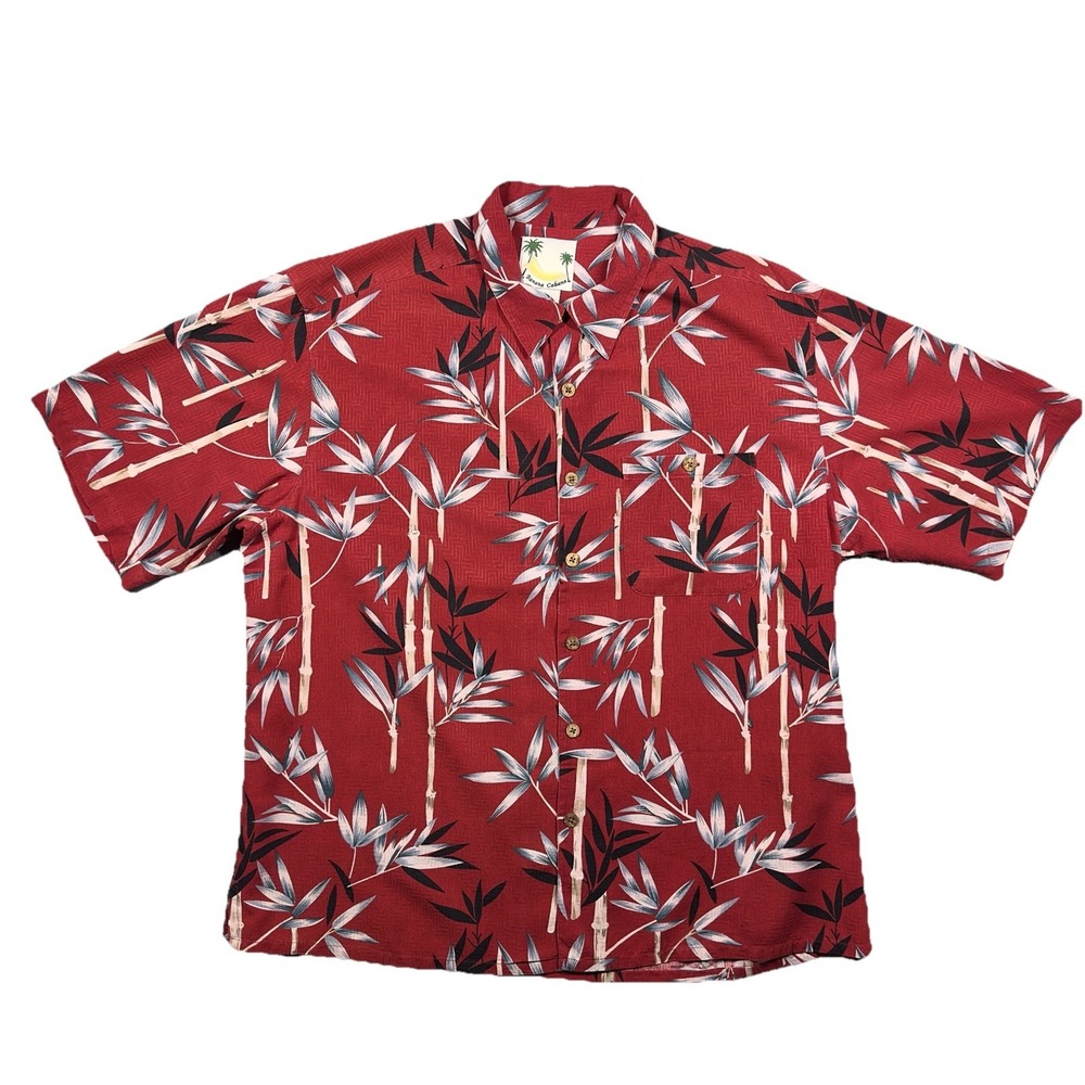 Banana Cabana Silk‎ Hawaiian Camp Shirt Mens XL Deep Red Bamboo Print Aloha Luau